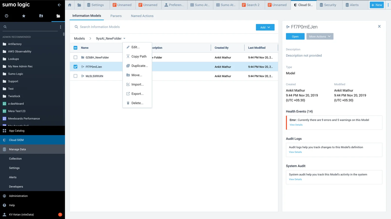 Sumo Logic health events and audit interface